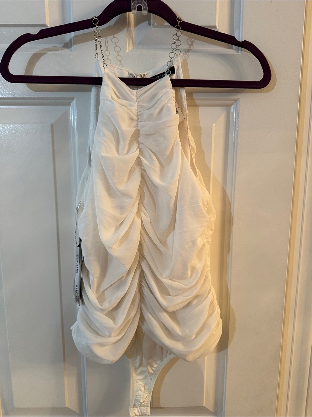 Guess by Marciano Ivory Ruched Halter Mini Dress with Chain Straps